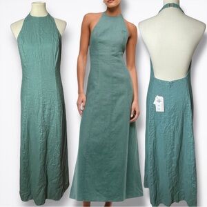 NWT A&F Abercrombie & Fitch Premium 100% Linen High-Neck Maxi Dress Sage Medium